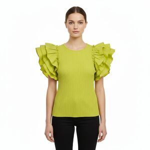 NWT Andrew Marc New York Flutter Ruffle Ribbed Top Womens Medium Warm Olive